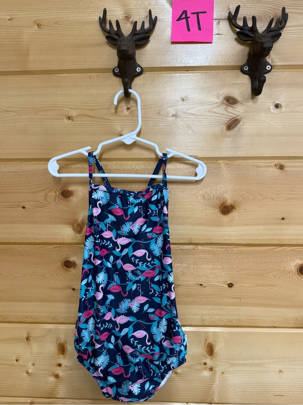 Girls Navy One-Piece Swimsuit with Pink & Teal Flamingo Print